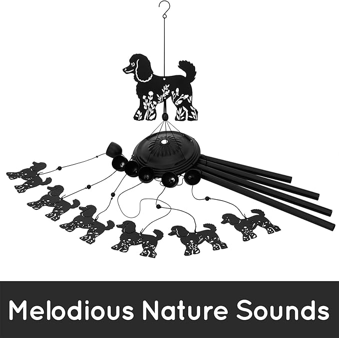 Poodle Wind Chimes for Garden, 34.6 Inch Weather-Resistant Metal Windchime with 4 Aluminum Tubes, Pet Memorial Gift for Dog Lovers, Patio & Yard Deco