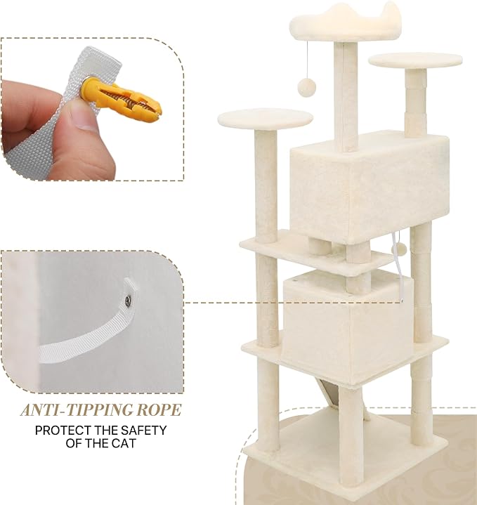Athena Collection Cat Tree - 62"Multilevel Cat Scratching Post & Condo, Dangling Ball Activity Center for Indoor Cats, Beige