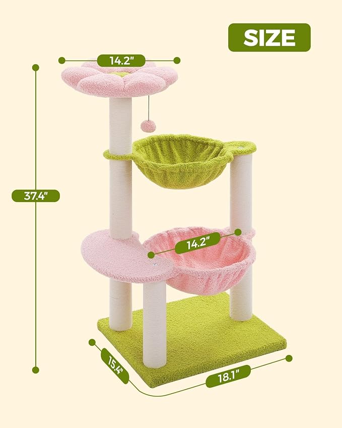 Flower Cat Tree with 2 Large Hammocks, 37.4" Small Cat Tower for Indoor Kitty with 6 Scratching Posts, Cute Cat Tree with Flower Top Perch, Pink