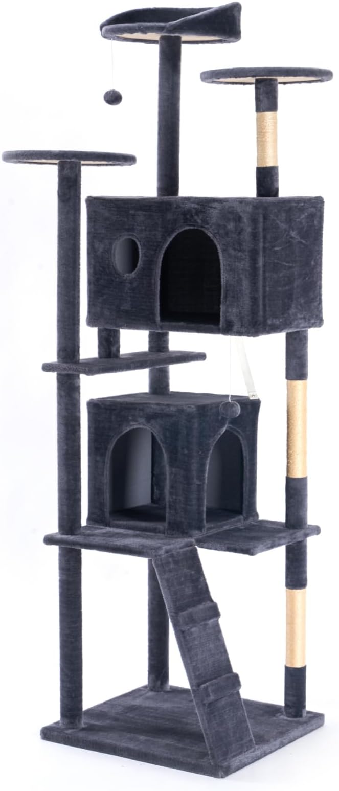 Large Cat Tree 70 Inch, Multi-Level Cat Tree Tower with Condo, Perches, Sisal Scratching Posts and Climbing Ladder, Pet Play House with Dangling Balls for Indoor Cats, Dark Grey