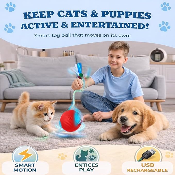 GlowPounce Interactive Rolling Ball Toy for Indoor Cats & Small Dogs – Motion-Activated Smart Moving Ball with LED Lights – Rechargeable Automatic Play Toy for Cats, Kittens & Puppies
