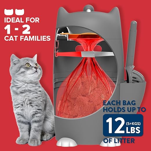 Red Rocket Pets Cat Litter Trash Can Kitty Twister Plus, No Smell Litter Storage Container, Litter Disposal System with Scooper and 2X Refill Bags (Grey Standard)