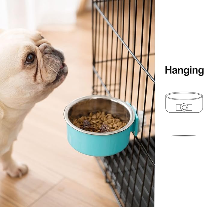 3 Pieces Crate Dog Bowl, Removable Stainless Steel Pet Kennel Hanging Food Water Feeder Bowl Cage Coop Cup for Puppy Medium Dog Cat Rabbit Ferret Bird (Blue,Red,Green)