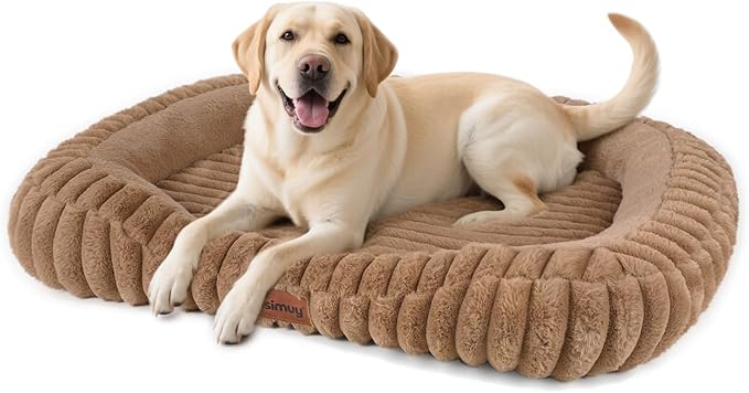 Cute Washable Dog Bed for Medium Large Dogs, Calming Furry Bolster Dog Bed, Durable Rectangle Anti-Anxiety Comfy Large Pet Bed, Removable Zipper Cover & Anti-Slip Bottom, 35x27x5inches, Brown