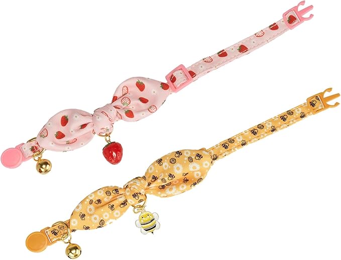 Bowtie Cat Collar with Bell 2 Pack Stylish Breakaway Kitten Collars with Removeable Bowknot,Yellow Bee & Pink Strawberry