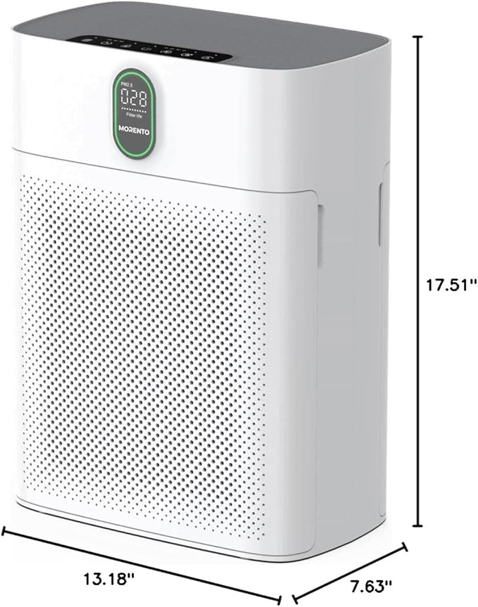 MORENTO Air Purifiers for Home Large Room up to 1076 Sq Ft with PM 2.5 Display Air Quality Sensor for Pet Hair, Double-Sided Air Inlet, 24db, White, 1 Pack + 2 Pack Filters