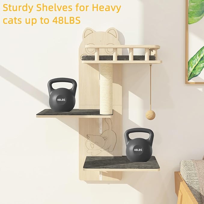 Cat Wall Shelves, 3 Platform Kitten Wall Furniture, DIY for Painting Cats Scratching Post with Sisal Scratching Post and Ball Toy