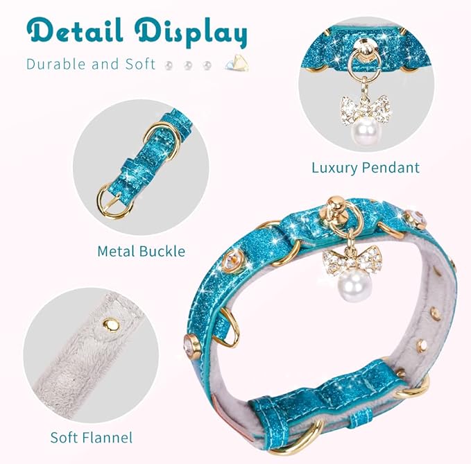 PetsHome Cat Collar, Dog Collar, [Bling Rhinestones] PU Leather Adjustable Pet Collar with Luxury Pendant for Big Cat and Small to Medium Dog Small Blue