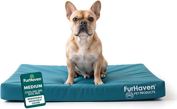 FurHaven Water-Resistant Orthopedic Dog Bed for Medium Dogs, Oxford Polycanvas Mattress with Orthopedic Solid Slab Foam for Joint Support, Removable Washable Cover, Medium, Deep Lagoon