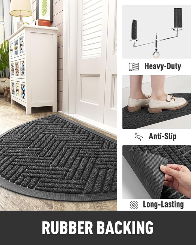 tchdio Door Mat Outdoor Indoor Entrance Doormat-Semicircular Durable Rubber Non Slip Front Door Mat for Outside Inside Entry Entryway Dirt Trapper Mat for Muddy Paws and Shoes-Black 17”x30”