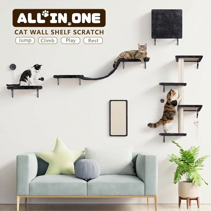 ANWA 5-in-1 Cat Wall Shelves with Scratching Posts & Cozy Condo, Space-Saving Cat Wall Furniture with Scratcher, Multi-Level Cat Wall Climber with Floating Shelves for Indoor Cats, Dark Gray
