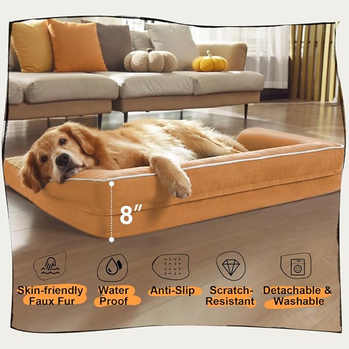 Large Dog Bed Orthopedic Washable, Orthopedic Dog Beds for Large Dogs with Washable Cover, Removable Bolster and Non-Slip Bottom Orange Gaint Pet Beds, XXXLarge Extra Large Dogs