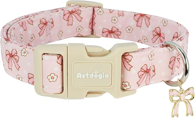 Pink Bow Dog Collar with Flower, Adjustable Cotton Puppy Collar, Cute Girl Boy Dog Collars for Small Medium Large Dogs, Ideal for Gifts,Pet Accessory,L