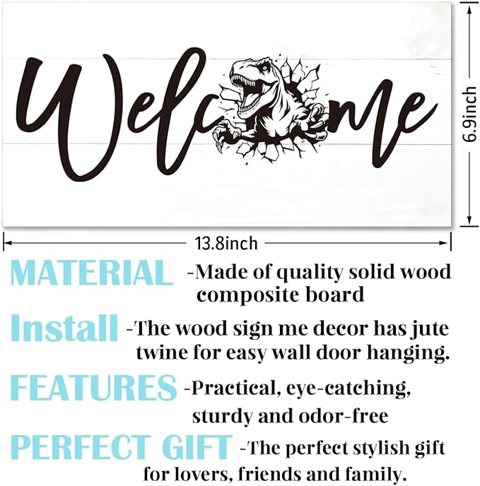 Welcome Sign for Front Door, Welcome Decor Wooden Hanging Sign, Tyrannosaurus Rex Pattern Wall Hanging Decor, Funny Wooden Outdoor Front Door Decoration 13.8X6.9 inches
