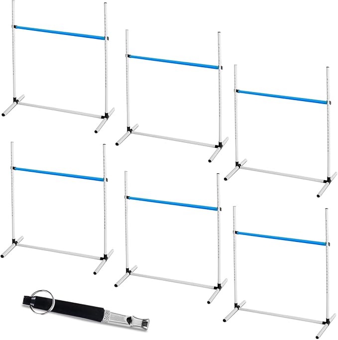 6 Pcs Dog Agility Training Equipments Dog Agility Jumps Hurdles Adjustable Jumps Hurdles Pet Jump Bars with Bag and Whistle for Indoor Outdoor Dogs Pet Jump Course Game(Blue and White)