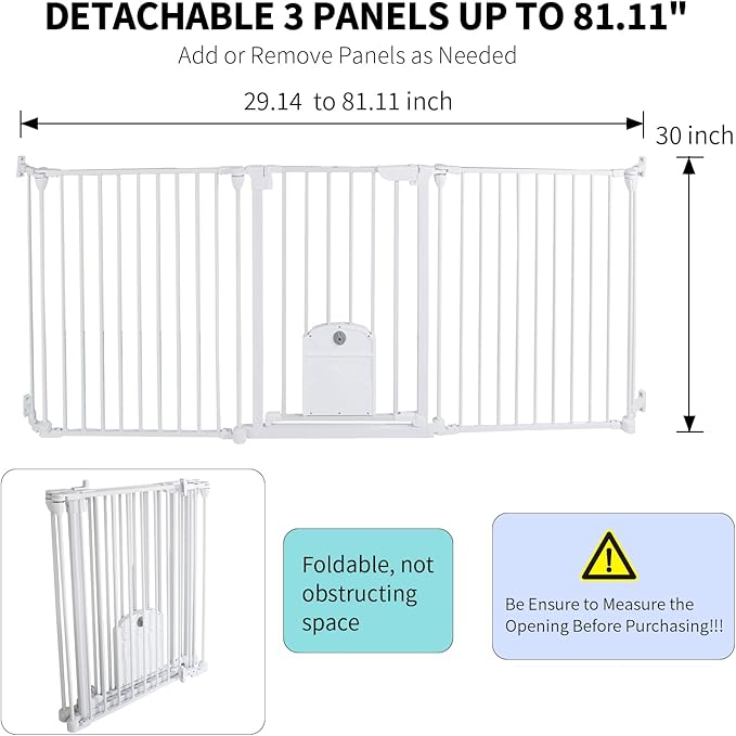 81.11" Extra Wide Baby Gate with Cat Door, Auto Close Pet Gates Dog Gate, Hardware Mounted Walk Through Swing Safety Baby Gates for Stairs, Doorways, Kitchen, House, 30" Tall, 3 Panels