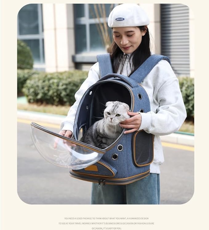 Cat Backpack Carrier, Breathable Pet Carrier Backpack Large Space Bubble for Small Dog and Large cat up to 18lbs, Transparent & Foldable Pet Carrier for Travel Hiking (Cowboy Blue)