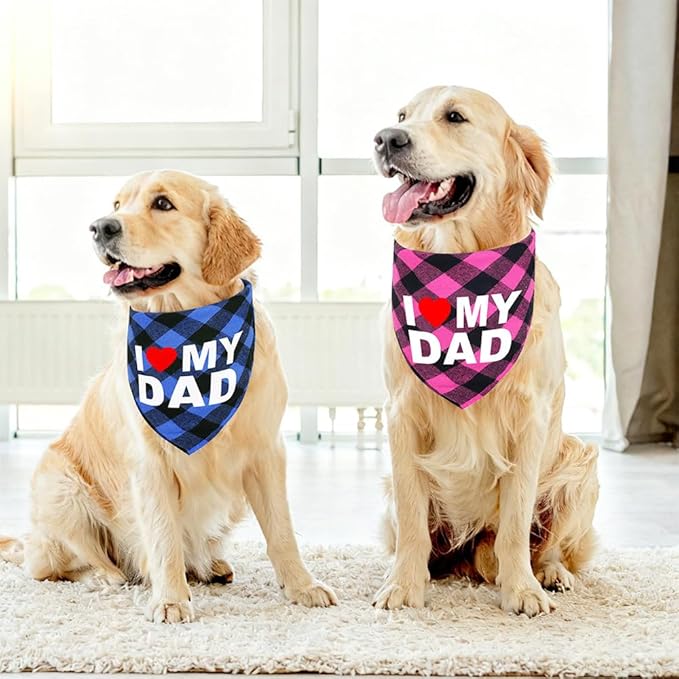 GreenJoy Cute Plaid Dog Bandana – Washable Pet Triangle Scarf for Small, Medium, Large Dogs and Cats, Adjustable Pet Accessory for Birthday, Wedding and Christmas (Pink (I Love My Dad), Medium)