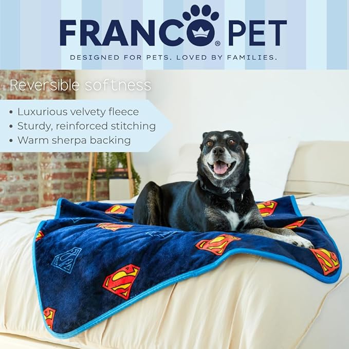 Franco Pet Superman DC Comics Super Soft Cozy Waterproof Sherpa-Backed Blanket Throw for Large Dogs, Couch/Bed/Car, 50x60 (Officially Licensed Product)