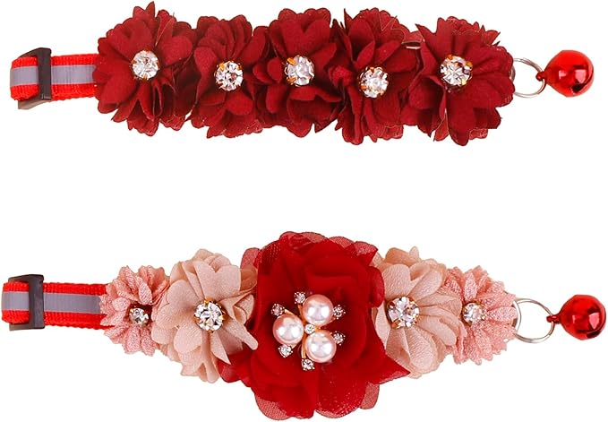 2 Pack Cat Collar Pink Floral with Bell and Removable Flower Bowtie Breakaway Adjustable Cat Collar for Girl Kitten Puppy Small Cats Dogs Daily Decoration (XQ102-3)