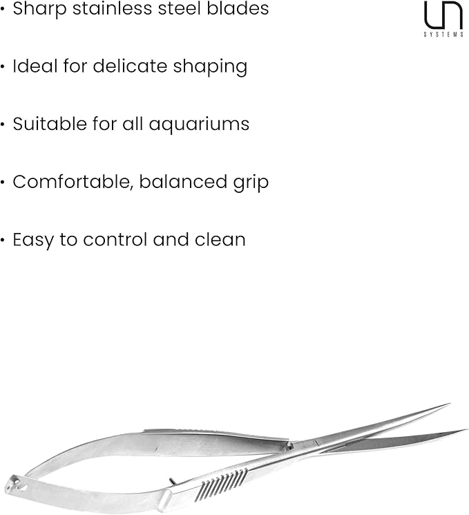 UNS Aquascaping Tools - Stainless Steel Rust Resistant, Freshwater Planted Tank, Saltwater Reef Aquarium Maintenance Accessory - Trimming Stems & Carpets Coral Cutting - Curved Spring Scissors, Silver