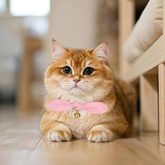 Bunny Ear Cat Collar with Bell and Bow Tie, Breakaway Cute Bowtie Kitten Collars(Light Pink)
