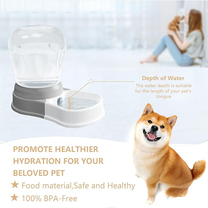 1 Gallon Automatic Dog Water Dispenser, Large Capacity Gravity Pet Water Bowl for Multiple Pets, BPA-Free Cat Water Feeder for Large Dogs, Refill Less Often, Grey