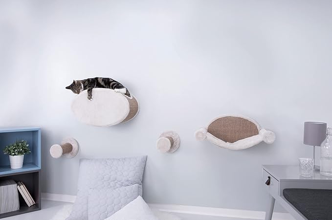 TRIXIE Wall Mounted Cat Lounge Set with Hammock & Condo – Climbing Shelve with Plush Condo & Sisal Step – Wall-Mounted Cat Furniture for Scratching & Lounging – Gray-Brown, 18.75 x 11 x 11.25 in