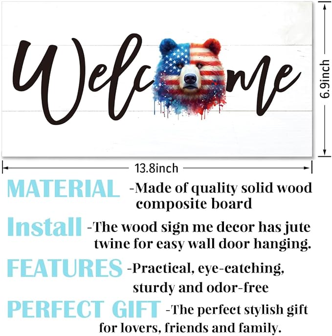 Welcome Sign for Front Door, Welcome Decor Wooden Hanging Sign for Wall Decor, American Bear Pattern Hanging Signs, Funny Wooden Outdoor Front Door Decoration 13.8X6.9 inches
