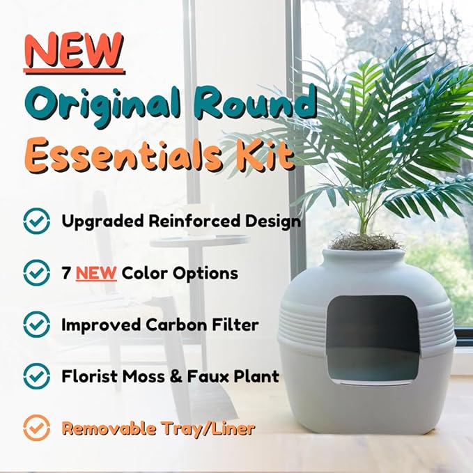 Good Pet Stuff Hidden Litter Box Planter, Decorative Cat Litter Enclosure with Carbon Filter, Artificial Plant, Easy Clean, Removable Liner, Round Style, Essentials Kit, Pebble Gray