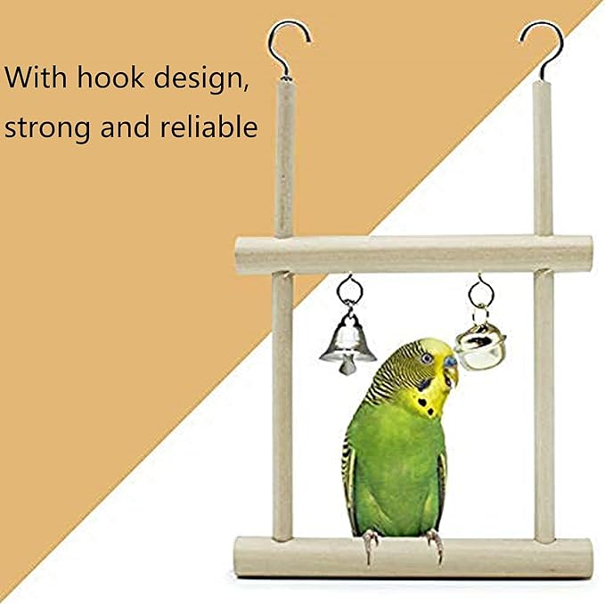 Litewoo Bird Stand Parrot Perches Hanging Swing Natural Wood Stand Platform with Bells for Finch Parakeet Budgie African Grey Cockatiel Cage Accessories