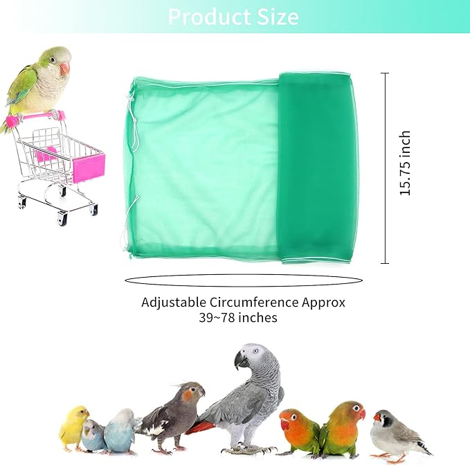 Daoeny Universal Bird Cage Cover, Adjustable Seed Feather Catcher, Soft Airy Nylon Mesh Parrot Net, Birdcage Cover Skirt Sheer Guard for Round Square Cages (Green)