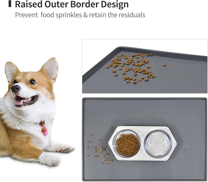 Dog Food Mat,Silicone Waterproof Food Tray,Non Slip Pet Bowl Mats Placemat,0.8" Raised Edge,Suitable for Most Small and Medium Sized Pets,28" x 18"