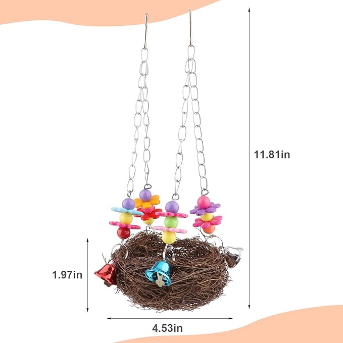 Hypeety Natural Rattan Nest Bird Swing Toy Colorful Flowers Bells for Budgie Parakeet Finch Lovebird Cockatiel (C)