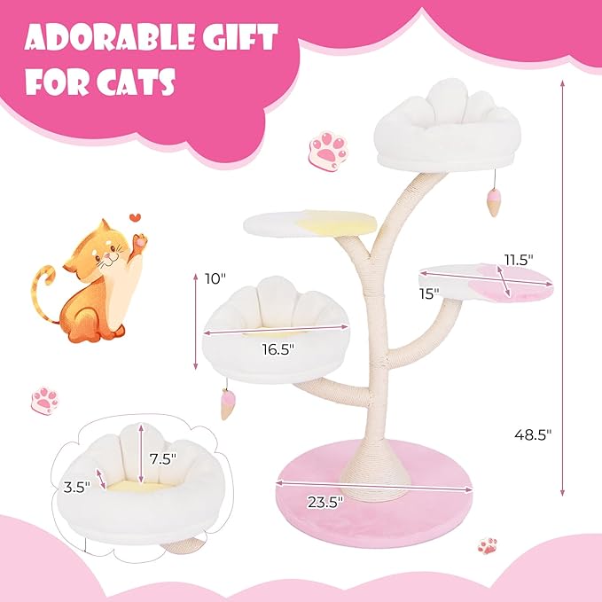 Tangkula 48.5 Inch Cute Cat Tree, Multi-Layer Cat Tower with Sisal Covered Scratching Posts, 2 Padded Perches, 2 Platforms, Ice Cream-Shaped Dangling Balls, Cat Activity Center for Indoor Cats
