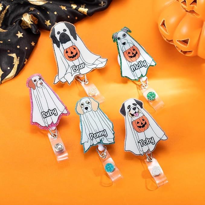 callie Personalized Halloween Ghost Badge Reel - Custom 1-3 Dogs and Names, Glitter Pumpkin ID Badge Holder Retractable, Holiday Gift for Dog Lover Nurse RN CNA Doctor