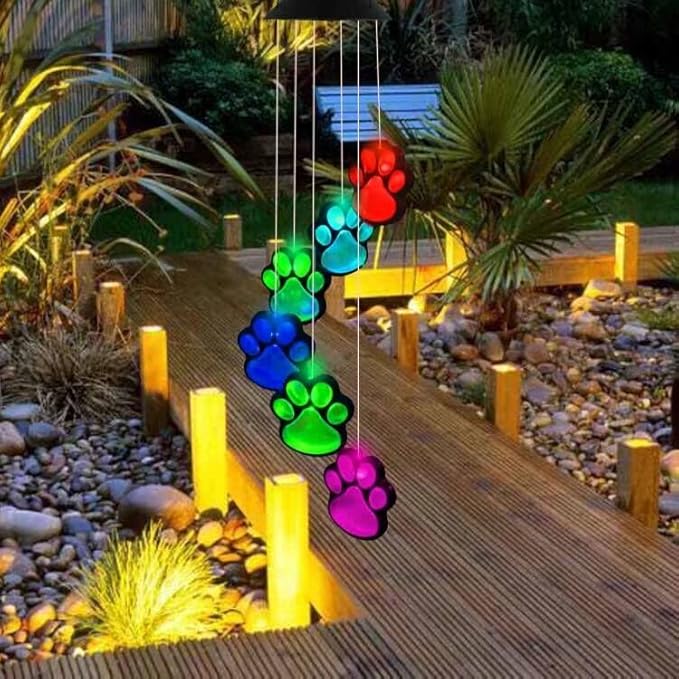 Paw Print Solar Wind Chimes, Color Changing Outdoor Paw Print Solar Lights, Dog Cat Paw Prints Wind Chimes Hanging Patio Lights for Garden Decor,Best Gifts for Dog & Cat Pets Lovers