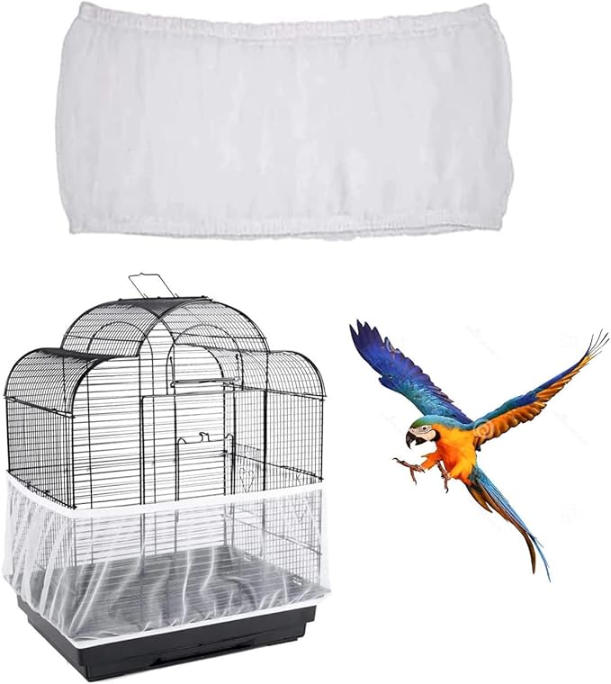 Bird Cage Cover, Breathable Nylon Mesh Seed Catcher Guard, Adjustable Elastic Skirt for Parrot, Budgie, Cockatiel, Prevents Mess, Fits Cage Circumference 55"-87" (140-220cm)