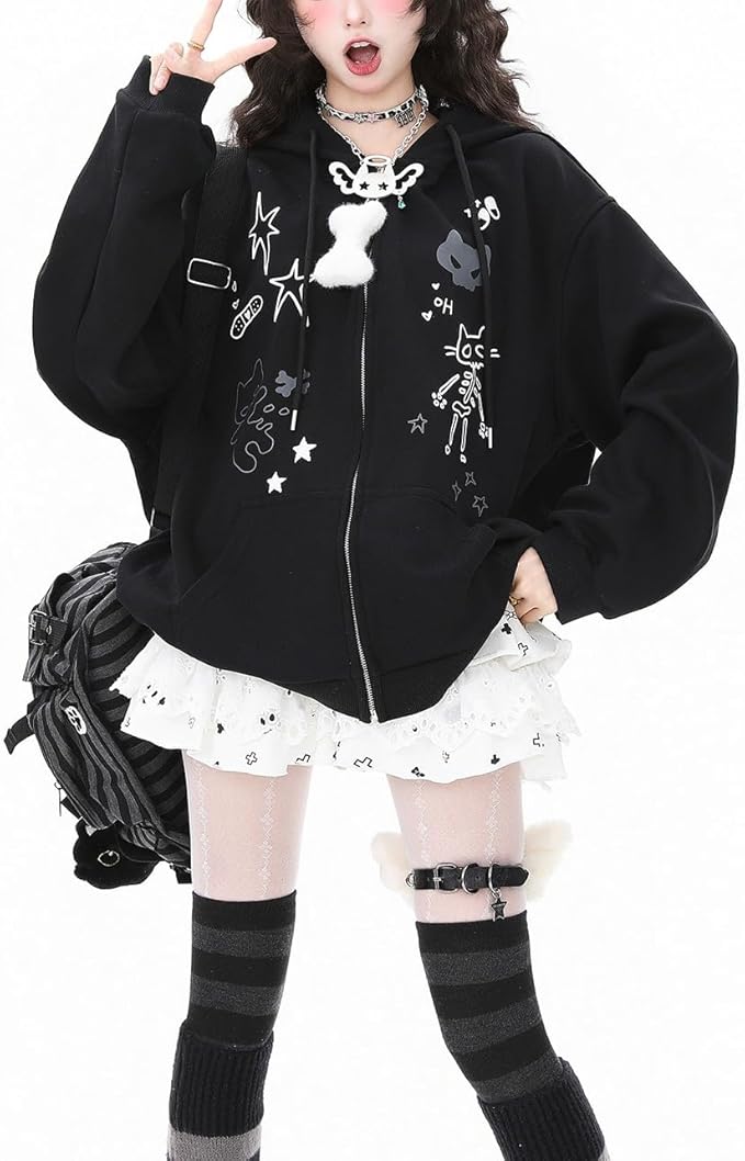 Womens Y2K Zip Up Cute Graphic Hoodies Cat Ears Casual Cartoon Harajuku Kawaii Clothes Oversize Streetwear Jacket