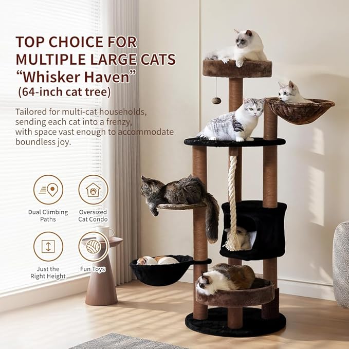 64 in Heavy Duty Cat Tree, Cat Tower for Indoor Large Cats, Multi-Level Cat Furniture with Sisal Scratching Post, Hammock Extra-Large Platform & Condo (Brown)