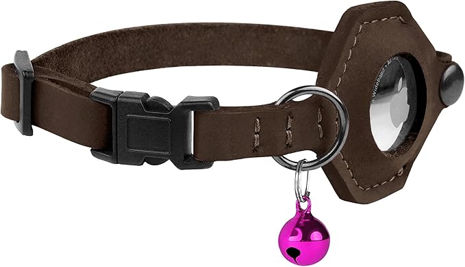 Breakaway Airtag Cat Collar with Removable Bell - Leather Pet Collar with Apple Air Tag Holder - Adjustable GPS Collars for Girl Boy Cats Kitten Puppy - Lightweight, Cute and Comfortable (Chocolate)