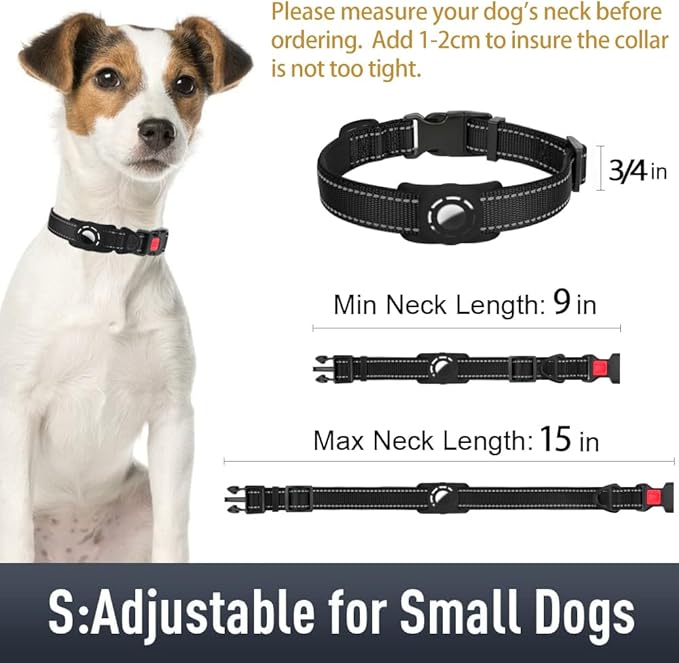 Airtag Dog Collar with AirTag Holder for Small Dogs, Reflective, Soft Padded & Safety Locking Buckle, Nylon Pet Collars Adjustable for All Breeds, Black,S