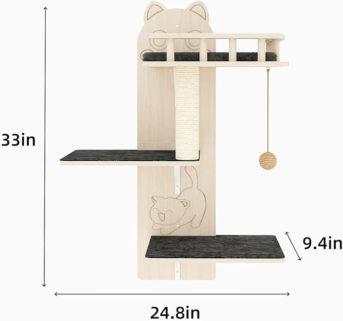 Cat Wall Shelves, 3 Platform Kitten Wall Furniture, DIY for Painting Cats Scratching Post with Sisal Scratching Post and Ball Toy