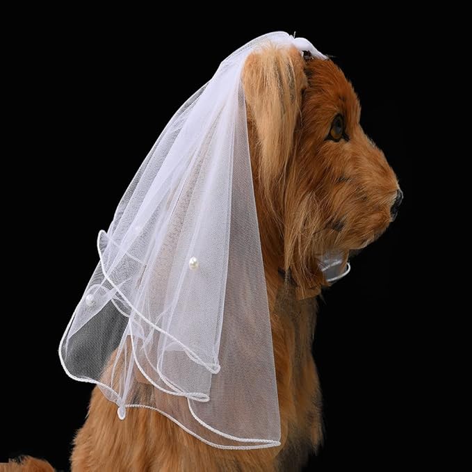 Gigicloud Dog Bride Costume Pet Wedding Veil with Clip Handmade Dog Hair Bow Veil Headwear Accessories Pet Wedding Outfit Dress for Birthday Valentine's Day Party Decoration