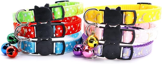 Reflective Cat Collars Breakaway with Bell 2-Pack Girl Boy Pet Kitten Collar with Star Moon Patetrn Adjustable 7.5-12.5 Inch (Yellow)