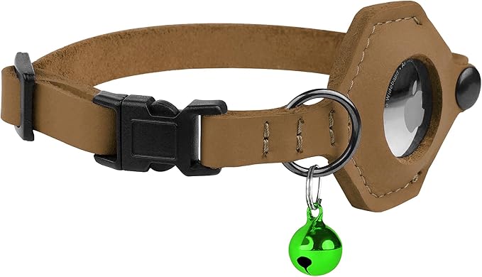 Breakaway Airtag Cat Collar with Removable Bell - Leather Pet Collar with Apple Air Tag Holder - Adjustable GPS Collars for Girl Boy Cats Kitten Puppy - Lightweight, Cute and Comfortable (Brown)