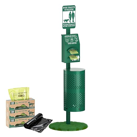 POCHAR Dog Waste Station Outdoor, Aluminum Rustproof Pet Poop Station with 600 Waste Bags & 50 Can Liners, Dog Park Equipment with Sign & Lid - Pet Poop Disposal System for Backyard