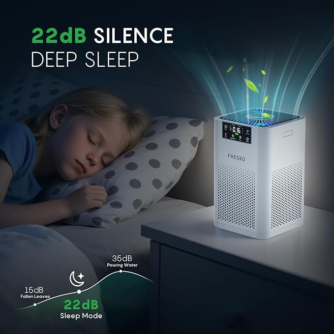 FRESKO Small Air Purifier for Home, HEPA Air Purifiers for Pet Hair, Odors, Quiet Air Cleaner with Aromatherapy for Bedroom & Office, Real-Time PM 2.5 Display, 22dB Sleep Mode, 360°Airflow, White