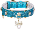 PetsHome Cat Collar, Dog Collar, [Bling Rhinestones] PU Leather Adjustable Pet Collar with Luxury Pendant for Big Cat and Small to Medium Dog Small Blue