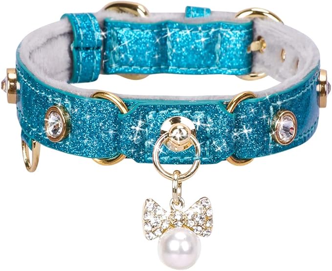 PetsHome Cat Collar, Dog Collar, [Bling Rhinestones] PU Leather Adjustable Pet Collar with Luxury Pendant for Big Cat and Small to Medium Dog Small Blue